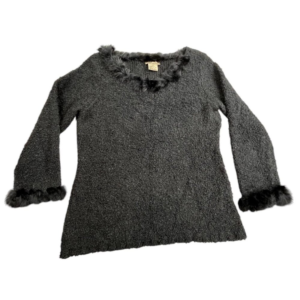 Escapade Sweater Women Medium Black Fuzzy Knit Rabbit Fur Trim Y2K Retro Top Y2K